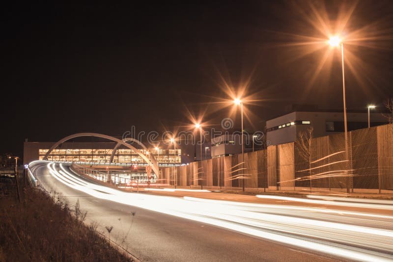 The freeway B7 next to the city Dusseldorf heading south. At night, in long-time exposure.