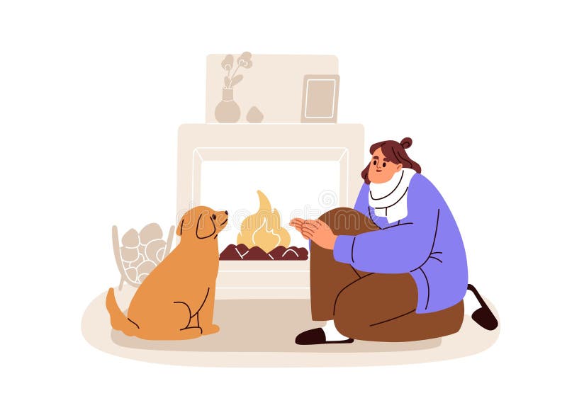 Freezing at home. Frozen woman warming at fire, cozy fireplace. Person and dog pet, cute puppy at fireside in apartment