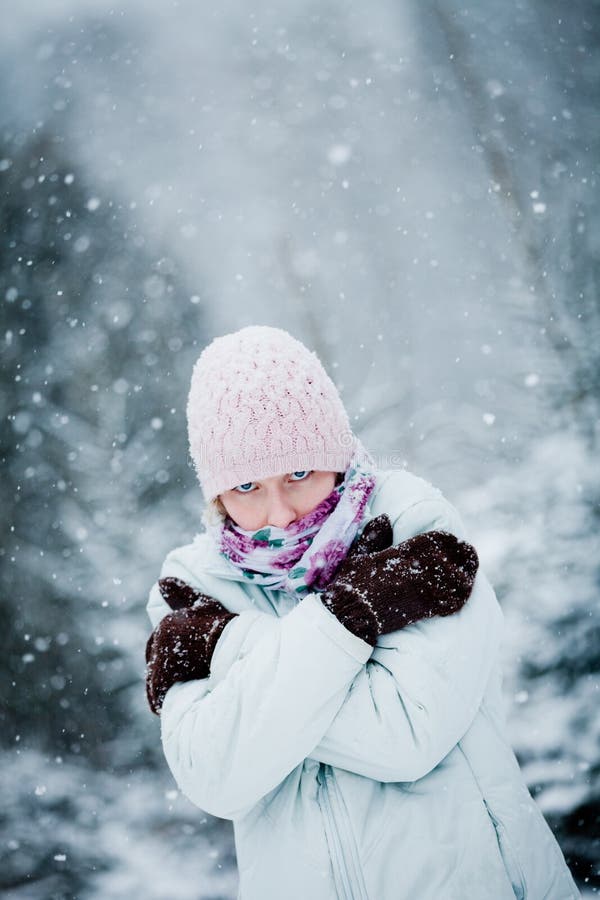 Freezing Woman during a Cold Winter Day
