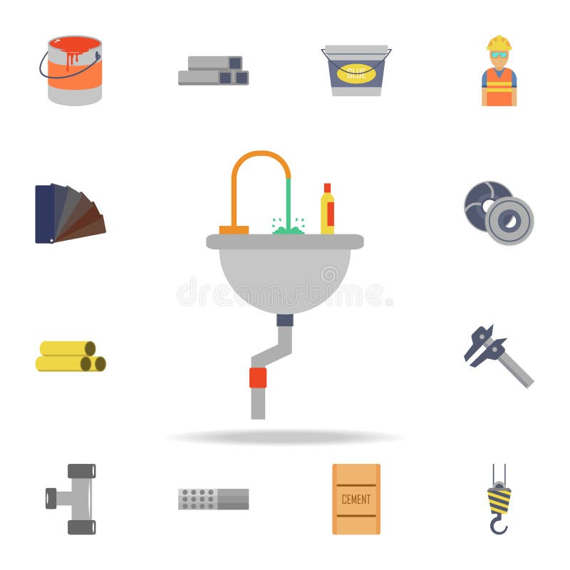 fregadero del color en el icono del cuarto de baño Sistema detallado de herramientas de la construcción del color Diseño gráfico ilustración del vector fregadero del color en el icono del cuarto de baño Sistema detallado de herramientas de la construcción del color Diseño gráfico ilustración del vector