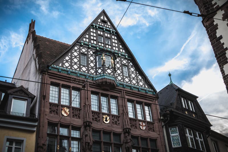 Architectural detail of a typical historic downtown town house of Freiburg im Breisgau, Germany