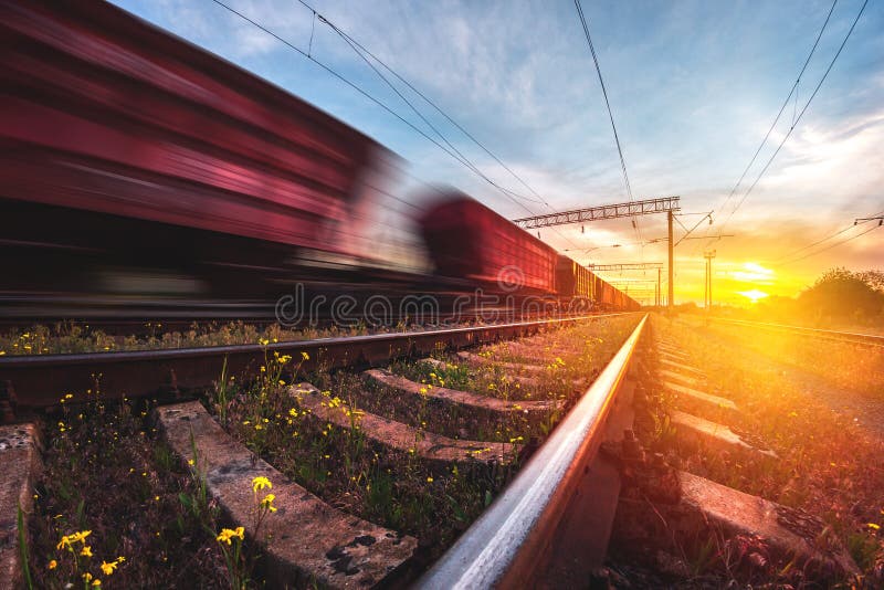 Freight Train Moves with Speed by Rail Stock Photo Image of line, train 183628922