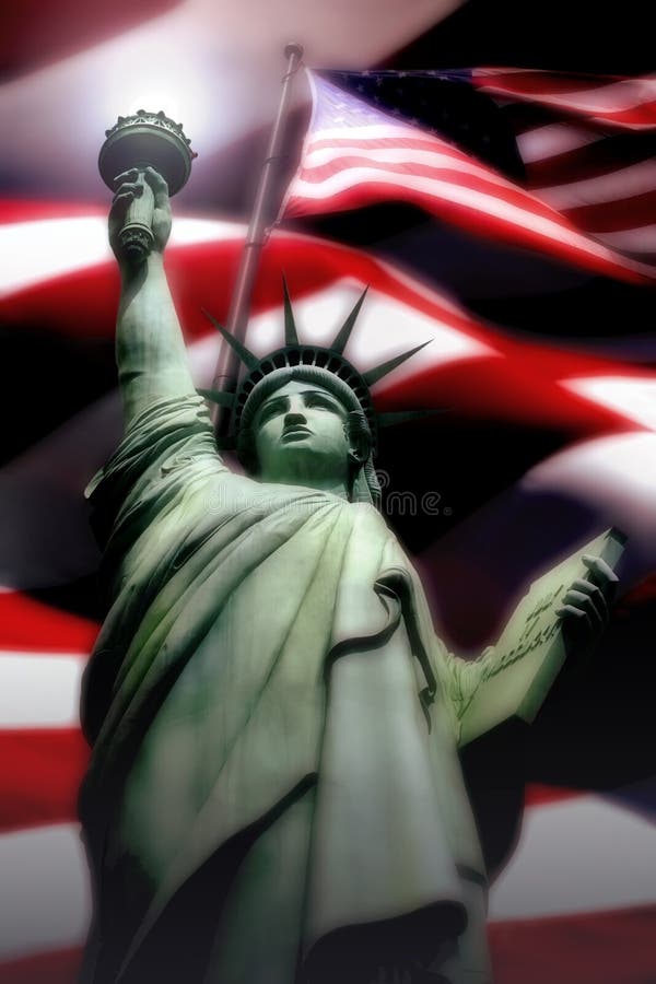Freiheitsstatue mit amerikanischer Flagge lizenzfreie stockfotos Freiheitsstatue mit amerikanischer Flagge lizenzfreie stockfotos