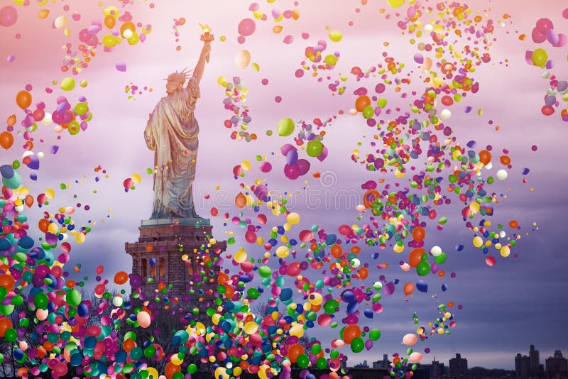 Freiheitsstatue in New York USA mit Luftballonen stockbilder Freiheitsstatue in New York USA mit Luftballonen stockbilder