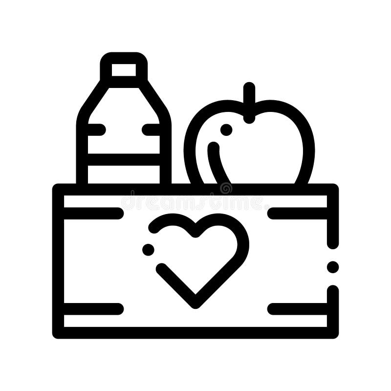 Volunteers Support Food Box Vector Thin Line Icon. Volunteers Support, Help Charitable Organizations, Heart On Package With Apple And Water Bottle Linear Pictogram. Contour Illustration. Volunteers Support Food Box Vector Thin Line Icon. Volunteers Support, Help Charitable Organizations, Heart On Package With Apple And Water Bottle Linear Pictogram. Contour Illustration