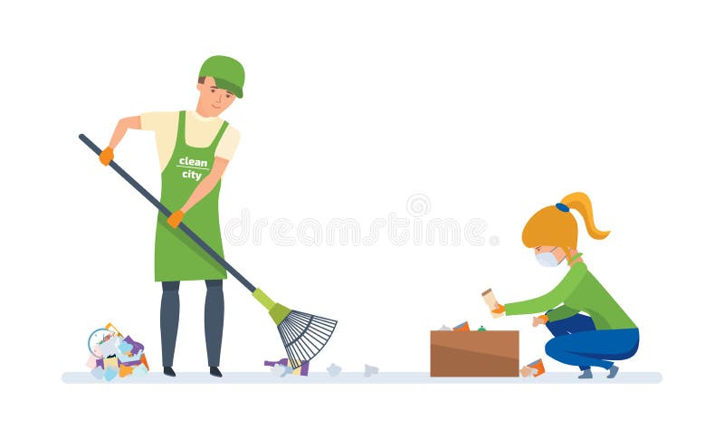 Charitable affairs. Young volunteers are engaged in cleaning the territory of garbage, for further wasteless processing. Vector illustration on white background, people in cartoon style. Charitable affairs. Young volunteers are engaged in cleaning the territory of garbage, for further wasteless processing. Vector illustration on white background, people in cartoon style.
