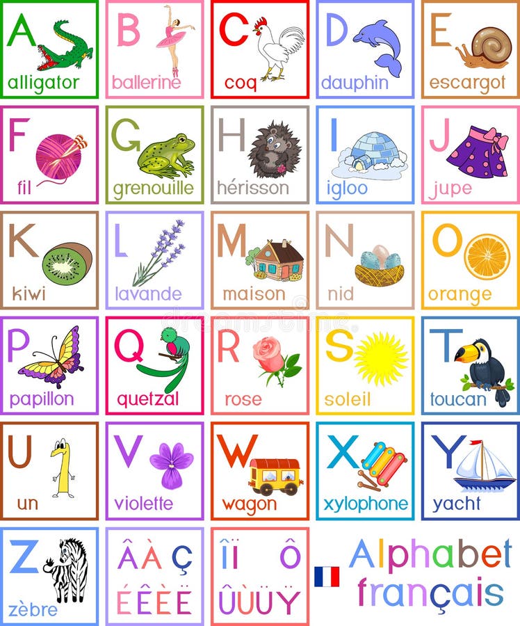 French Alphabet with Pictures and Titles for Children Education Stock ...