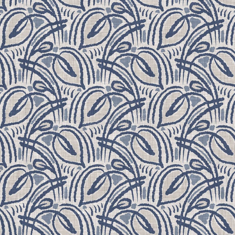 French Blue Botanical Leaf Linen Seamless Pattern with 2 Tone Country ...