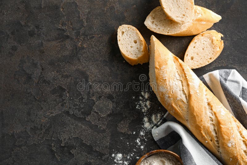 Cut French Bread with Flour on Grey Background Stock Image Image of