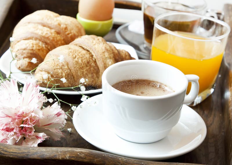 French Breakfast with Coffee, Flower and Croissants royalty free stock photography French Breakfast with Coffee, Flower and Croissants royalty free stock photography