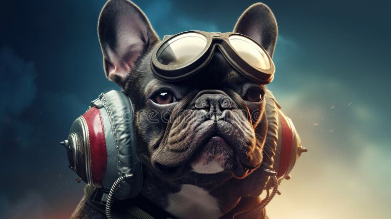 French bulldog dog wearing pilot helmet and goggles with smoke background royalty free stock images