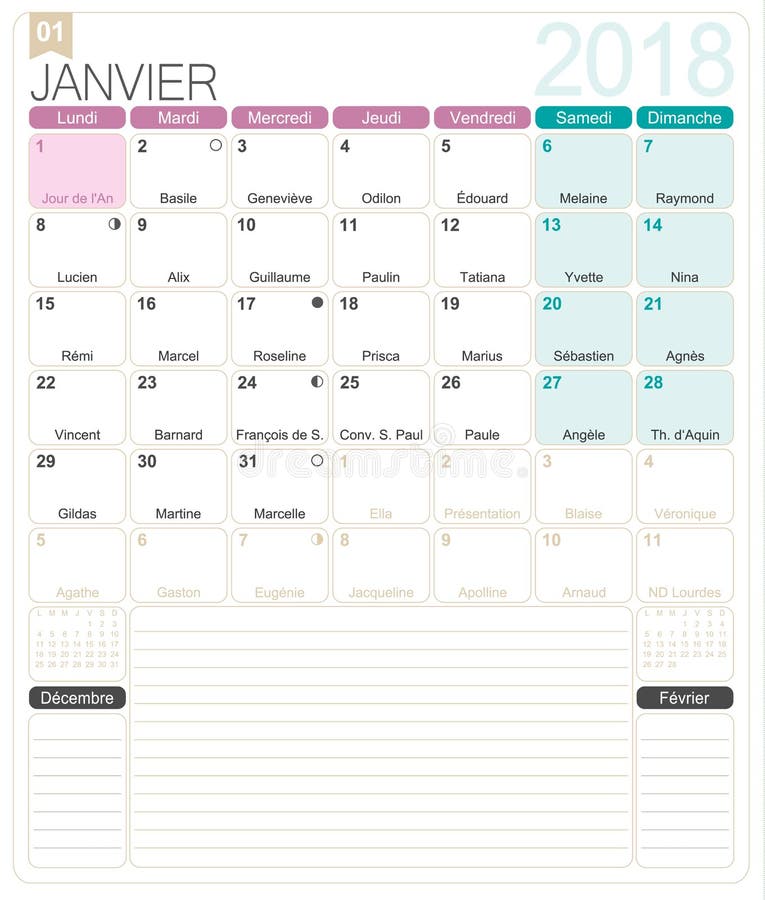 French calendar 2018 stock vector. Illustration of design 88132595