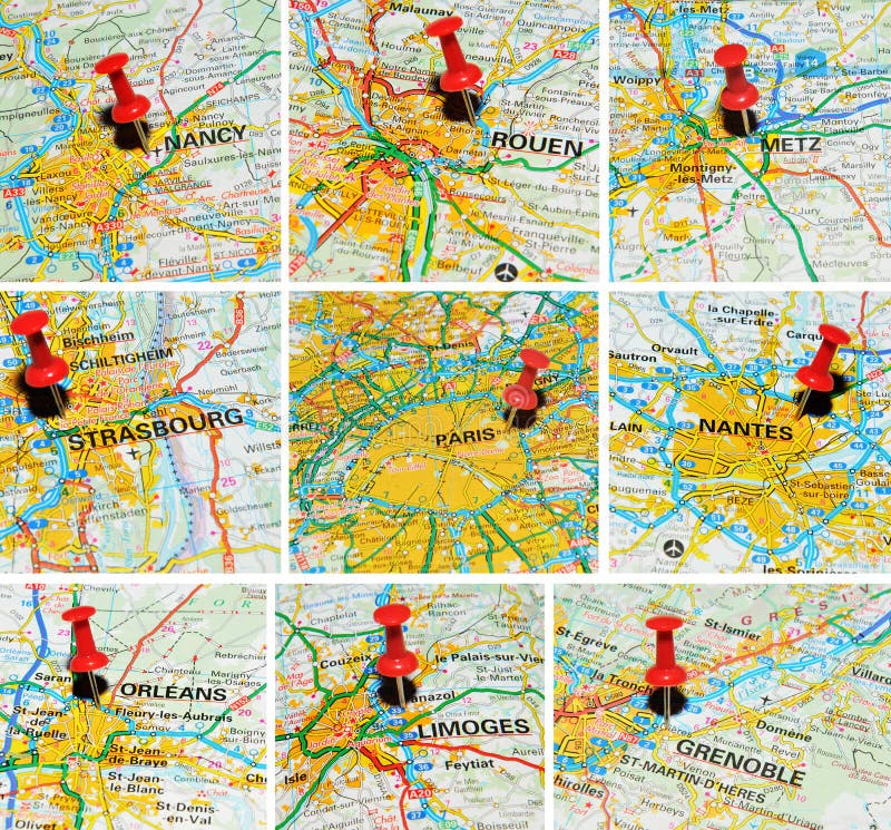 French cities on map (2) stock photos