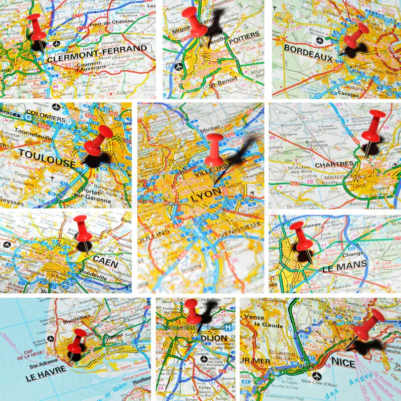 French cities on map (3) royalty free stock images