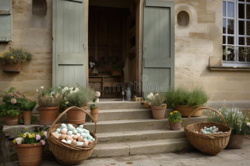 French Country House with Basket of Fresh Eggs on the Front Step Stock