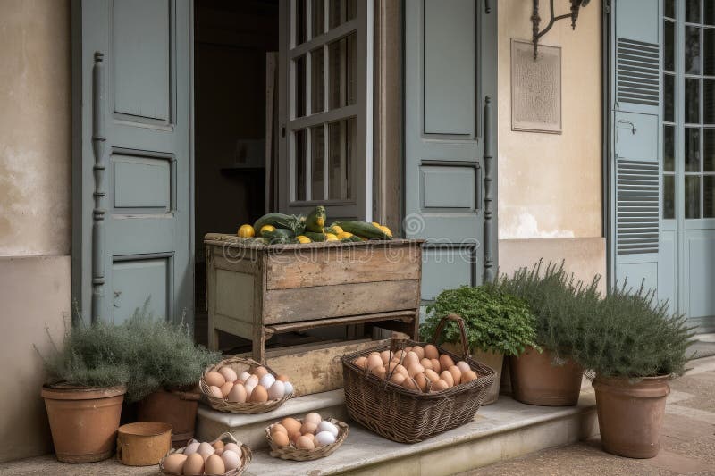 French Country House with Basket of Fresh Eggs on the Front Step Stock
