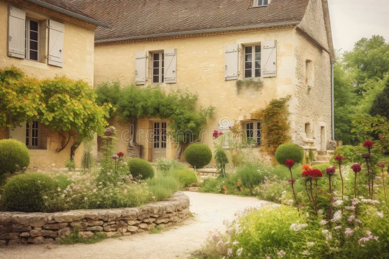 French Country House Exterior with Stone Wall and Garden in the ...