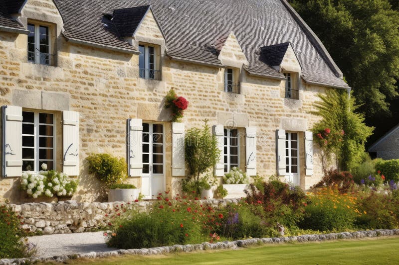 French Country House Exterior with Stone Wall and Garden in the ...