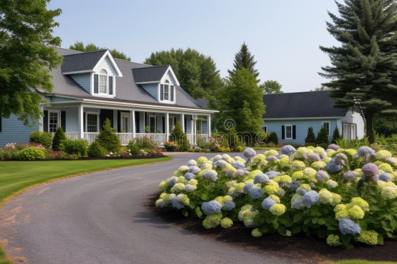 French country house with a half-circle driveway lined with blooming hydrangeas stock illustration