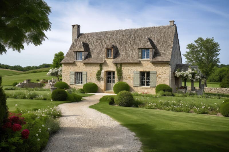 French Country House with Manicured Lawn and Stone Walkway, Surrounded ...