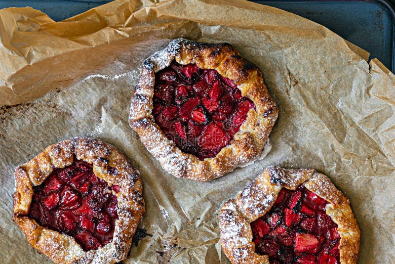 French Dessert Galette with Shortbread and Strawberries. Open Pie with