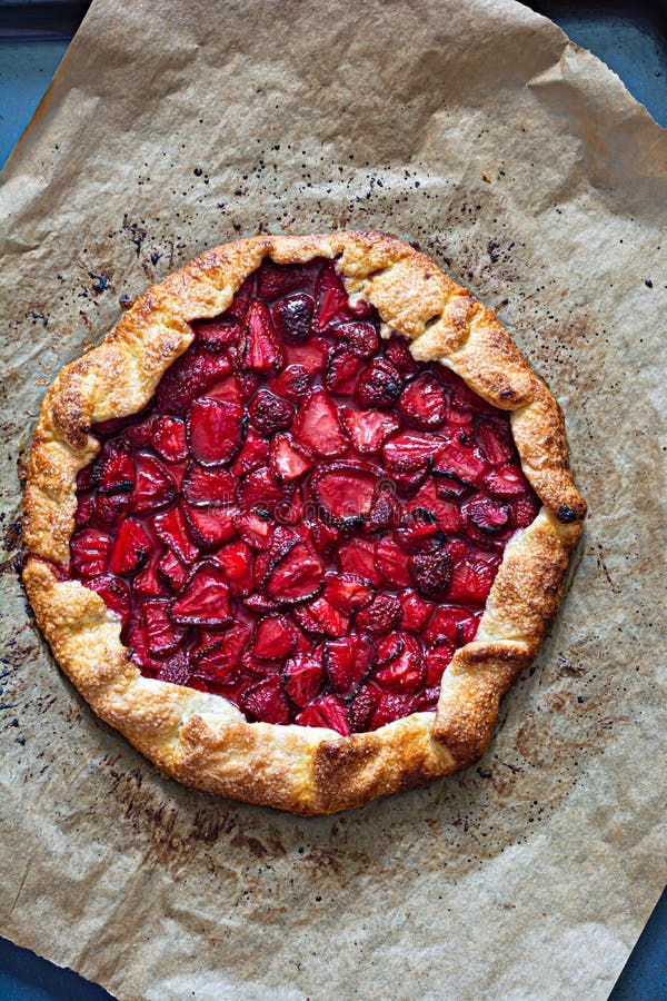 French Dessert Galette with Shortbread and Strawberries. Open Pie with