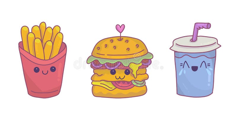 French Fries Burger And Soda With Kawaii Face Expressions Stock Illustration Illustration Of Fries Friends