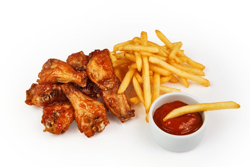 French fries, chicken and tomato sauce isolated on white with clipping path royalty free stock image French fries, chicken and tomato sauce isolated on white with clipping path royalty free stock image