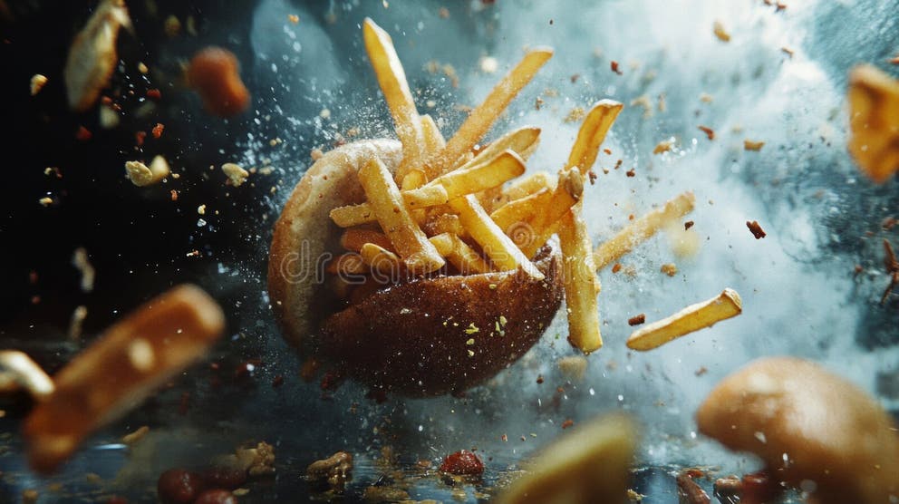 French Fries Exploding from a Burger in a Dark Setting Stock ...