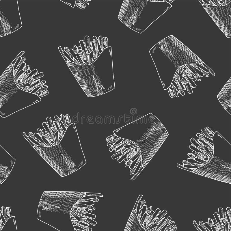 French Fries Hand Drawn Seamless Pattern. Chalk Drawn French Fries