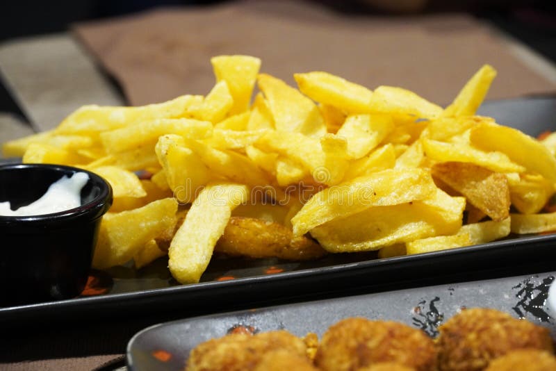 French Fries in Olive Oil with a Dip on One Side Stock Image Image of
