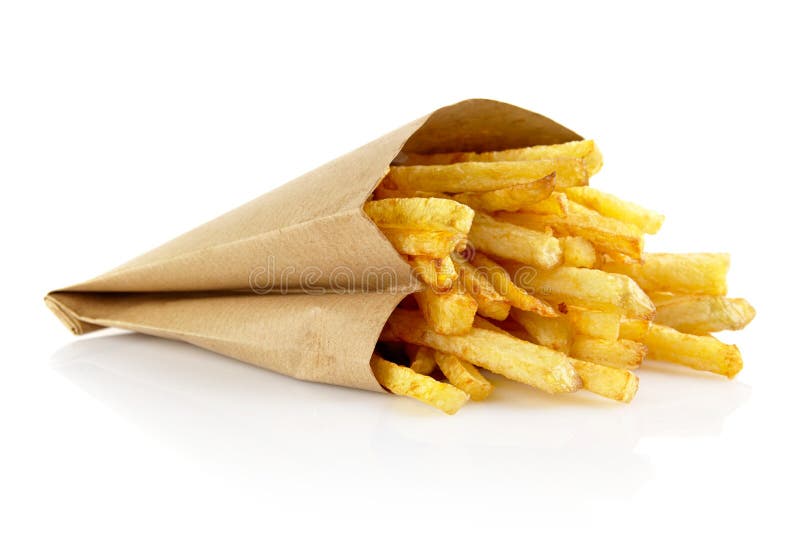 Premium Photo  French fries in a brown paper bag isolated on a white  background