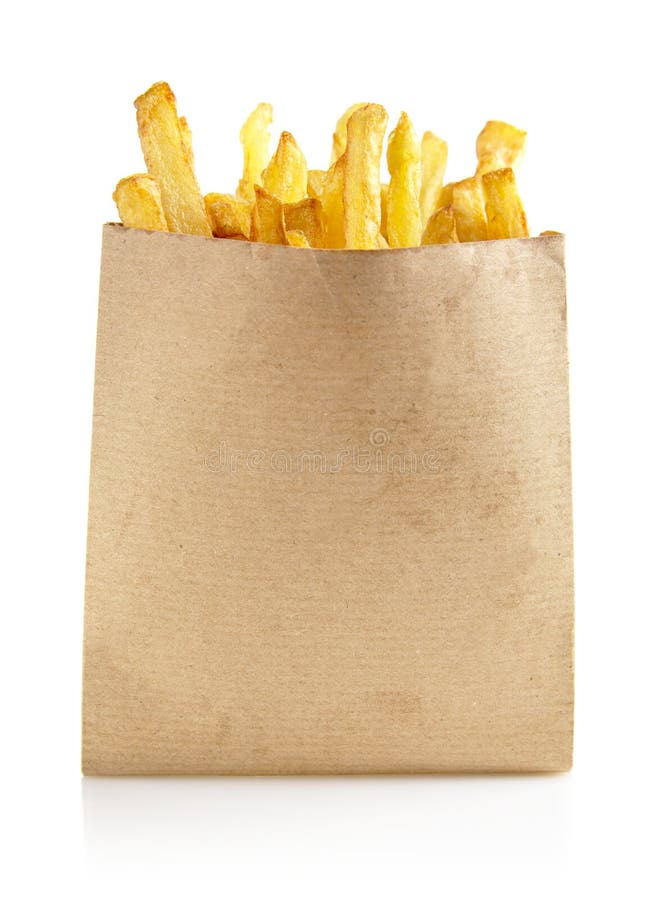 French Fries In A Brown Kraft Paper Bag Isolated On A White