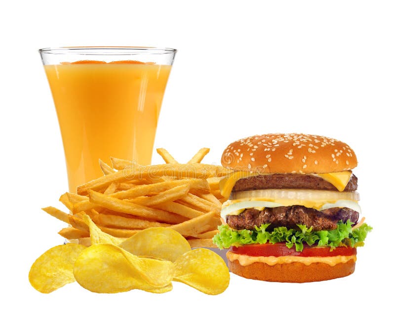 French Fries in White Box, Cheeseburger and Orange Juice Isolate Stock