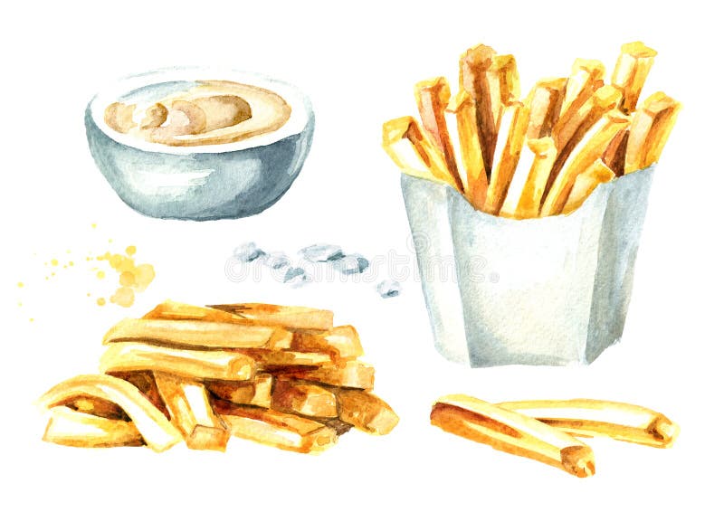 French fry stick potato with sauce set. Watercolor hand drawn illustration isolated on white background. stock illustration French fry stick potato with sauce set. Watercolor hand drawn illustration isolated on white background. stock illustration