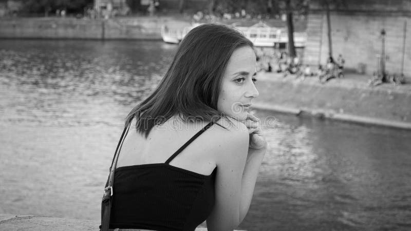 French Girl At The Banks Of River Seine In Paris Stock Image Image Of