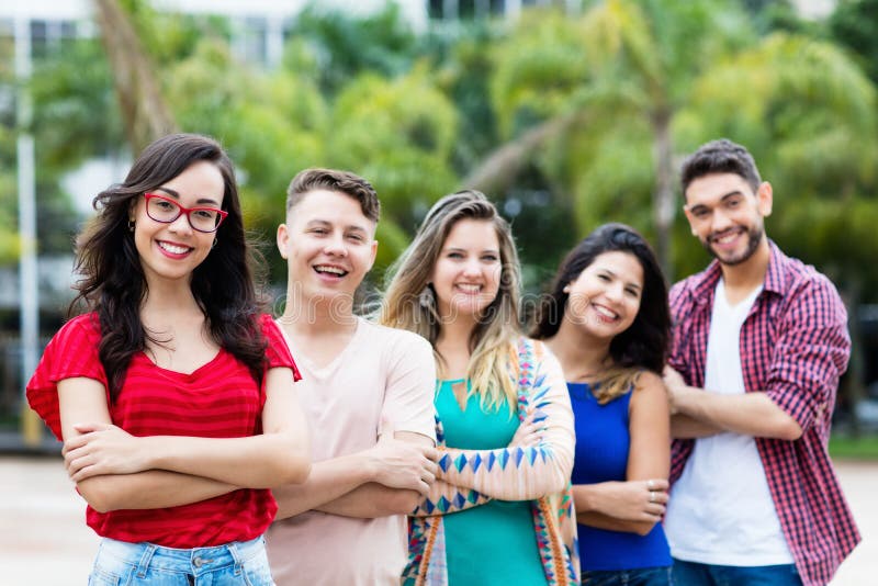 French girl with male and female young adults in line stock images French girl with male and female young adults in line stock images