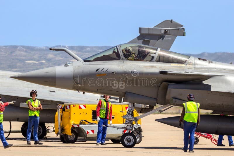French Navy Rafale fighter jet aircraft preparing on the tarmac of Zaragoza Air Base. Zaragoza, Spain - May 20, 2016
