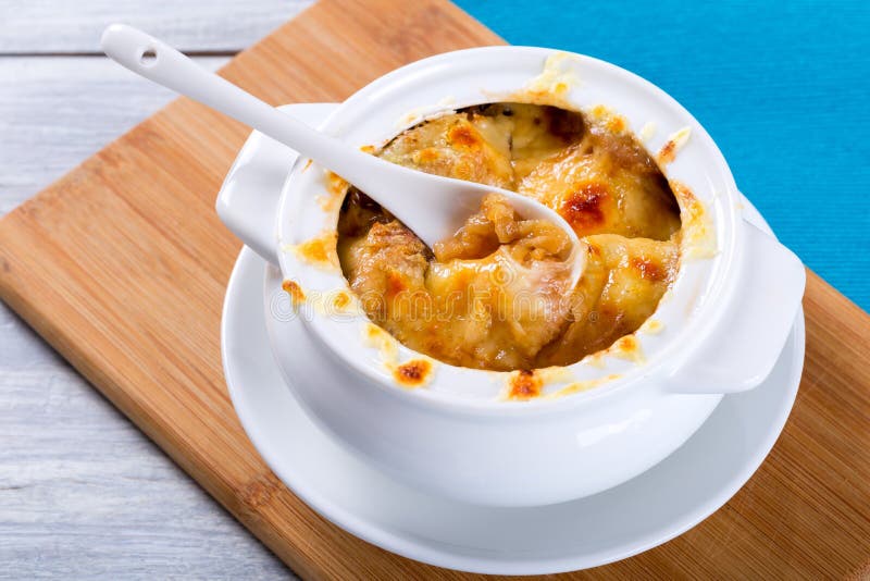 French Onion Gratin Soup in a White Pot, Closeup Stock Image Image