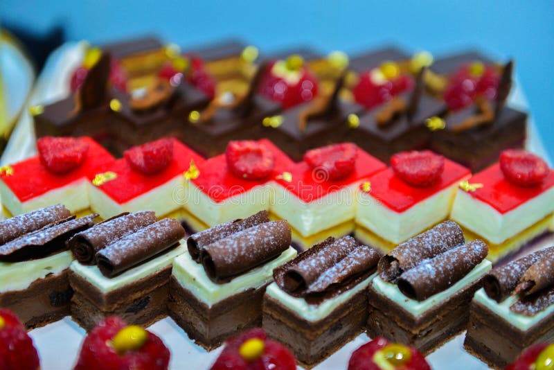 French Pastries.Chocolate Cakes Macaron and Others on Display a