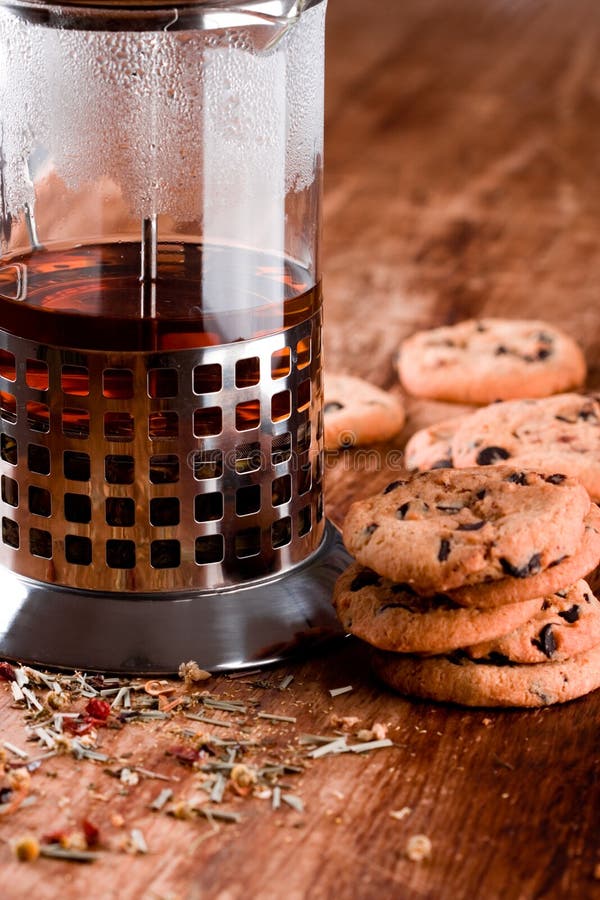 French Press with Hot Tea and Fresh Baked Cookies Stock Image Image