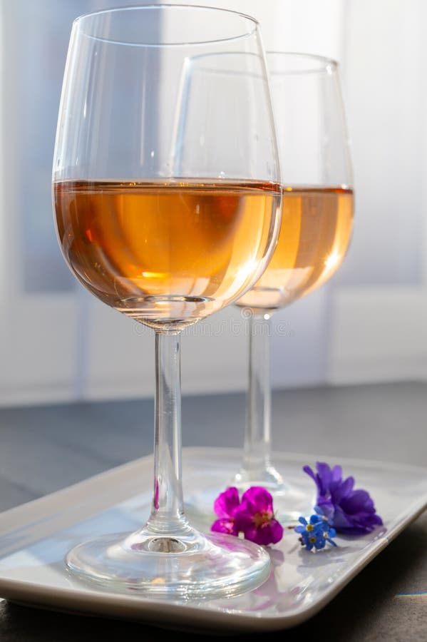 French Rose Wine from Provence in Two Glasses in Sunny Day Stock Photo