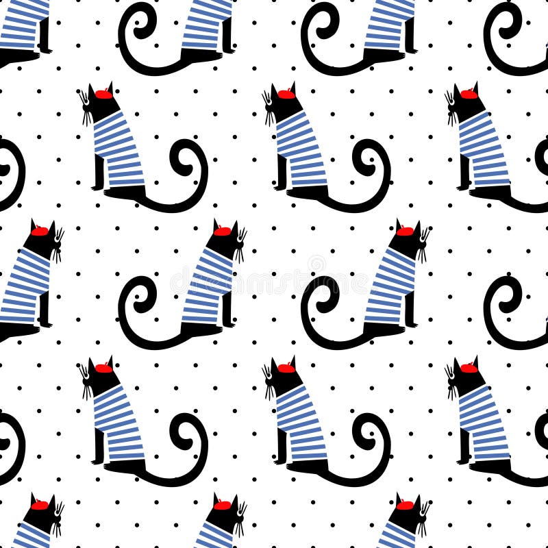 French style cat seamless pattern on polka dots background. Cute cartoon sitting cat vector illustration.