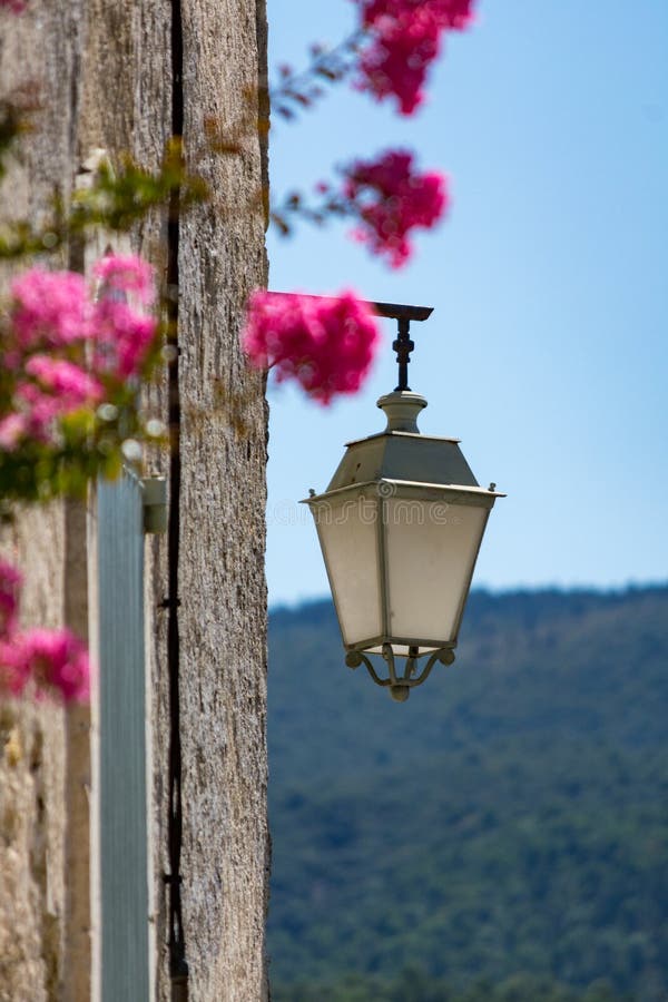 French Style Old Vintage Street Light in Small Village in Proven Stock