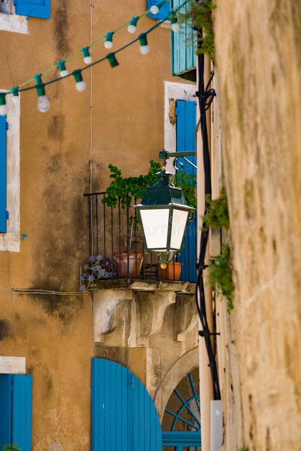 French Style Old Vintage Street Light in Small Village in Proven Stock