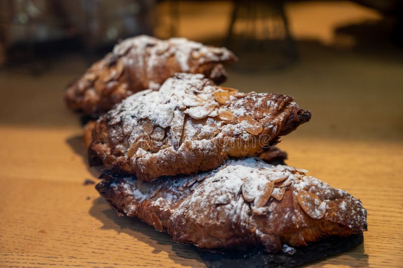 French Sweet Dessert Pastry with Almonds on Display in French Bakery Stock Image Image of