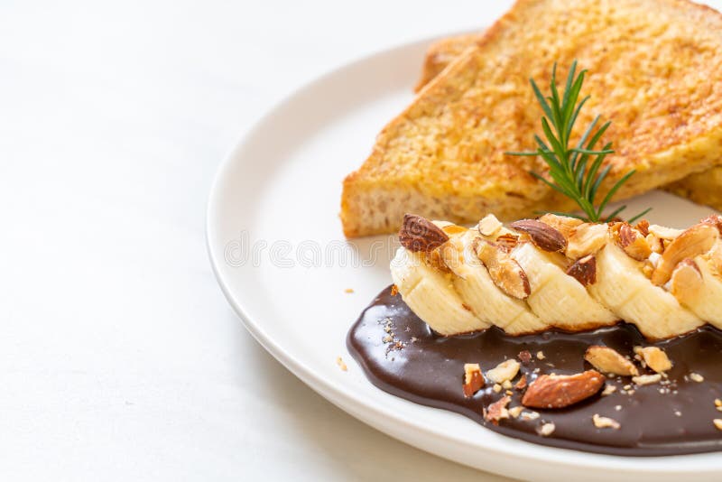 French Toast with Banana Chocolate Almonds Stock Photo Image of banana, fresh 209550892