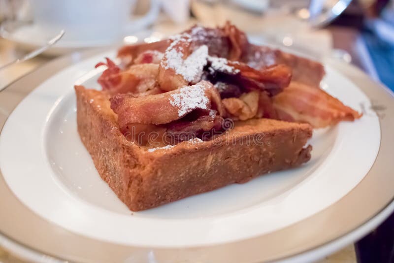 French Toast with Crispy Bacon Breakfast Brunch Dish. Stock Image
