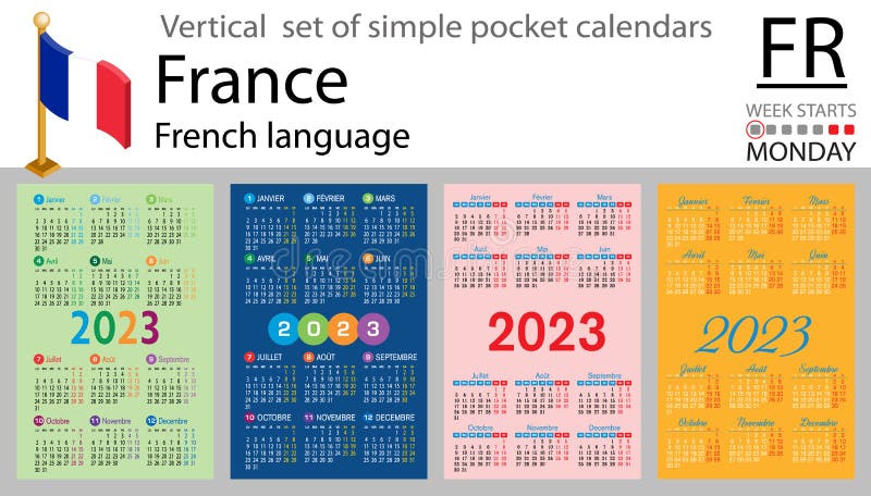 French Vertical Pocket Calendar for 2023. Week Starts Monday Stock French Vertical Pocket Calendar for 2023. Week Starts Monday Stock
