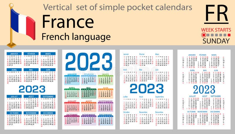 French Vertical Pocket Calendar for 2023. Week Starts Sunday Stock French Vertical Pocket Calendar for 2023. Week Starts Sunday Stock